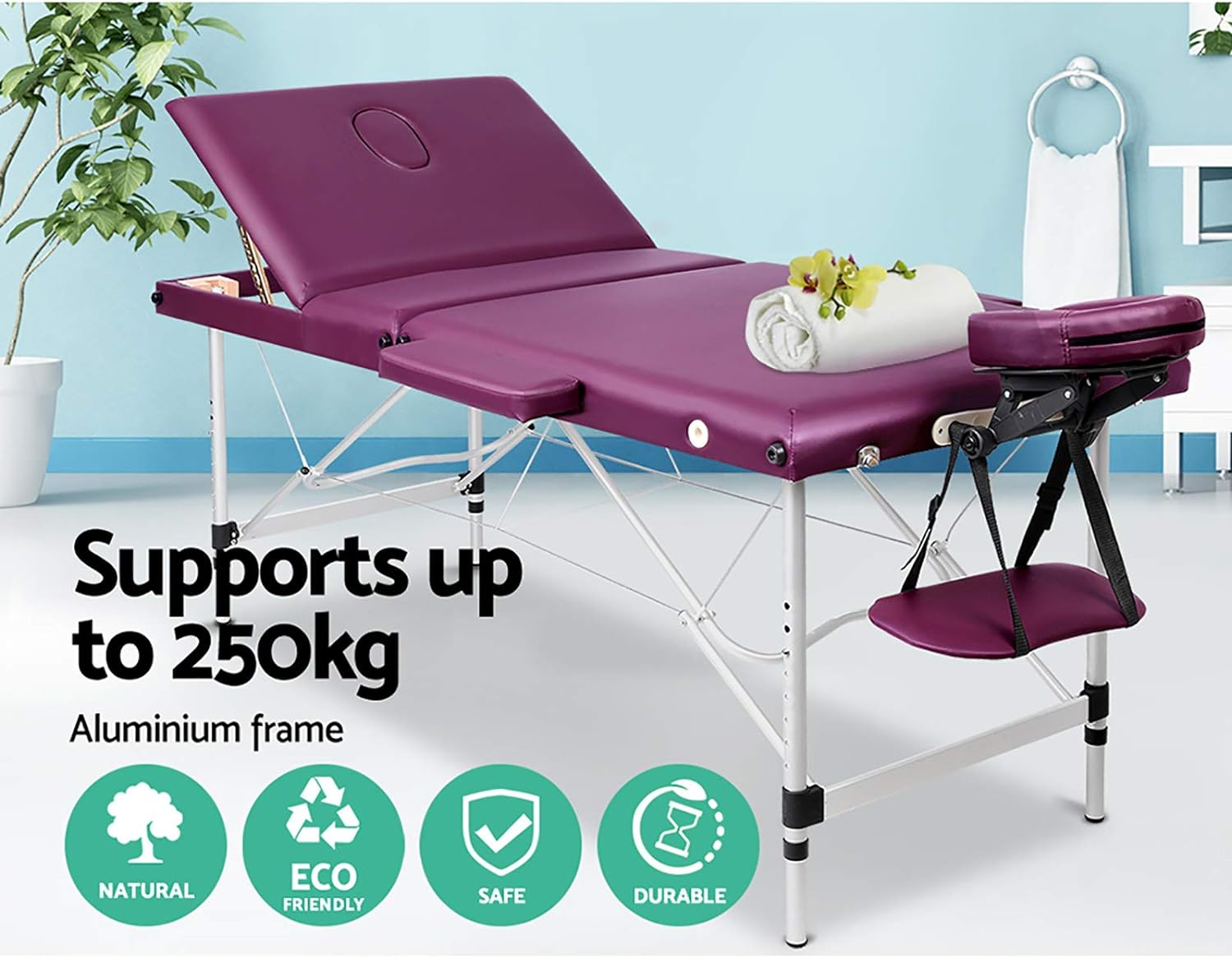 Zenses Massage Table Violet 75Cm Portable Aluminium, Massages Therapy Bed Headrest Chairs, Folding 3 Fold Beauty Spa Waxing Bounes Cover Covers Carry Bag image number 2