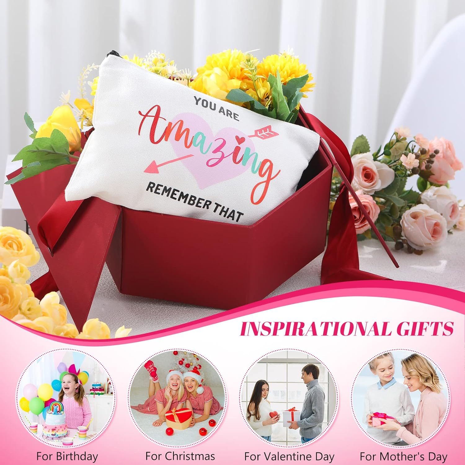 Chunful 10 Pieces Inspirational Canvas Makeup Bags for Women Bulk Rainbow Canvas Makeup Bags Cosmetic Bag with Zipper Friendship Gift Travel Toiletry Bag Pouch, White, Tree Style - Vintage Wildflowers image number 5