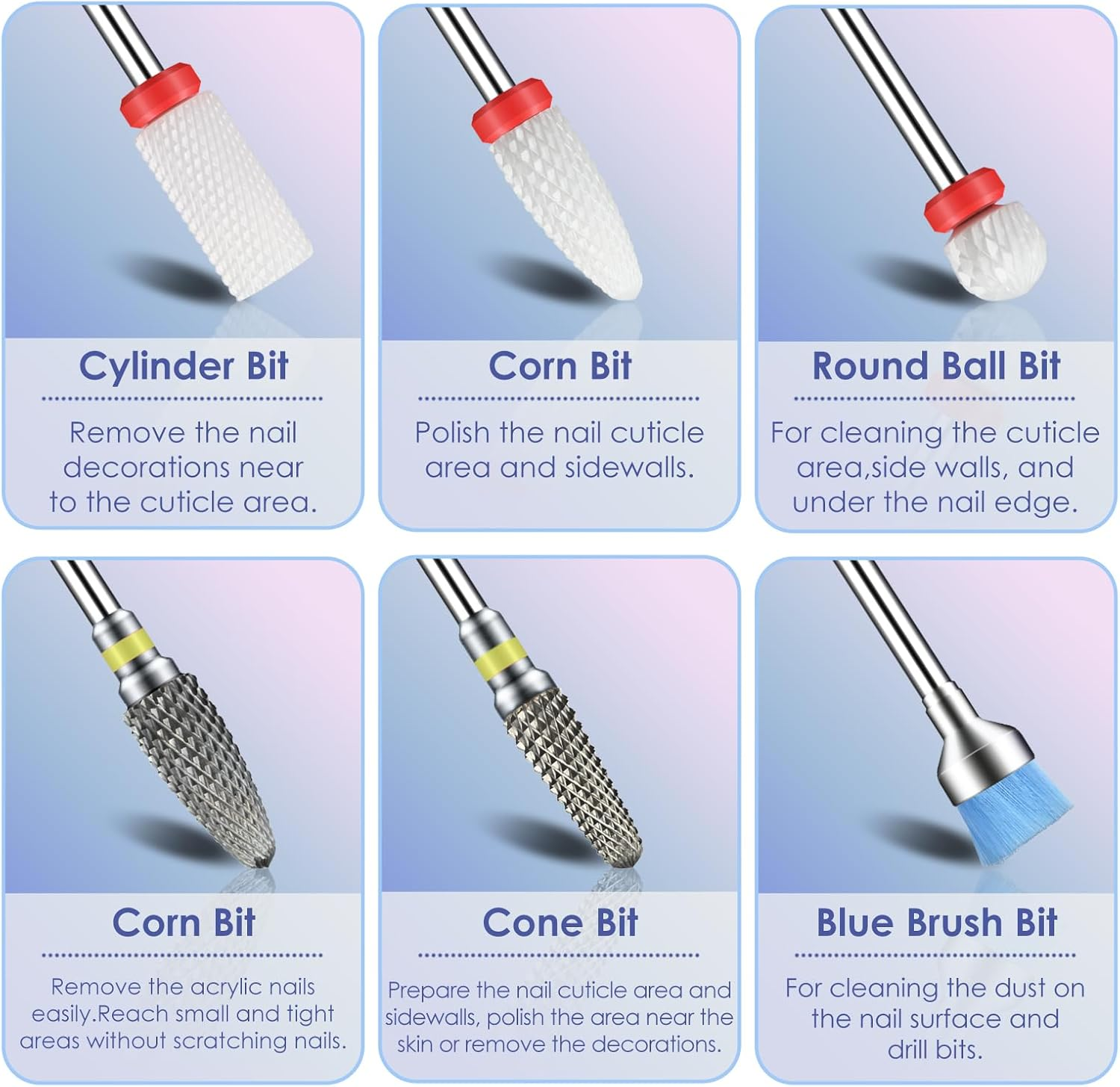 Depvko 11 X Nail Drill Bits Set, Drill Bits for Nails, 2 X Tungsten Carbide Drill Bits + 3 X Ceramic Efile Nail Drill Bits + 5 X Diamond Bits + 1 X Brush, 3/32 Inch Cuticle Cutter Bit for Gel Nails