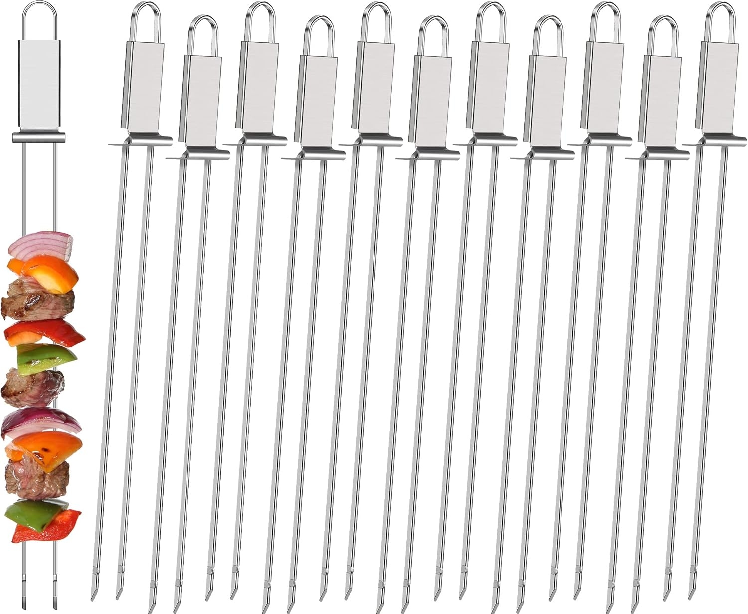 Lallisa Kabob Skewer for Grilling Metal Stainless Steel BBQ Skewer Stick with Push Bar Reusable Double Pronged Kebab Skewer Tool Quick Release Meat Chicken Vegetable and Fruit for Father (12 Pieces) image number 6