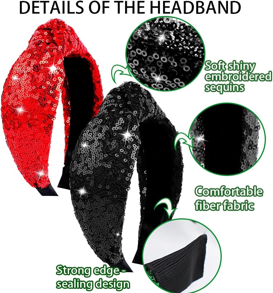 2Pcs Valentine&rsquo;S Day Headbands for Women Sparkle Red & Black Valentines Top Knot Embellished Headband Knotted Hairband Fashion Hair Hoops for Women Girls Valentine Party Gifts Hair Accessories image number 1