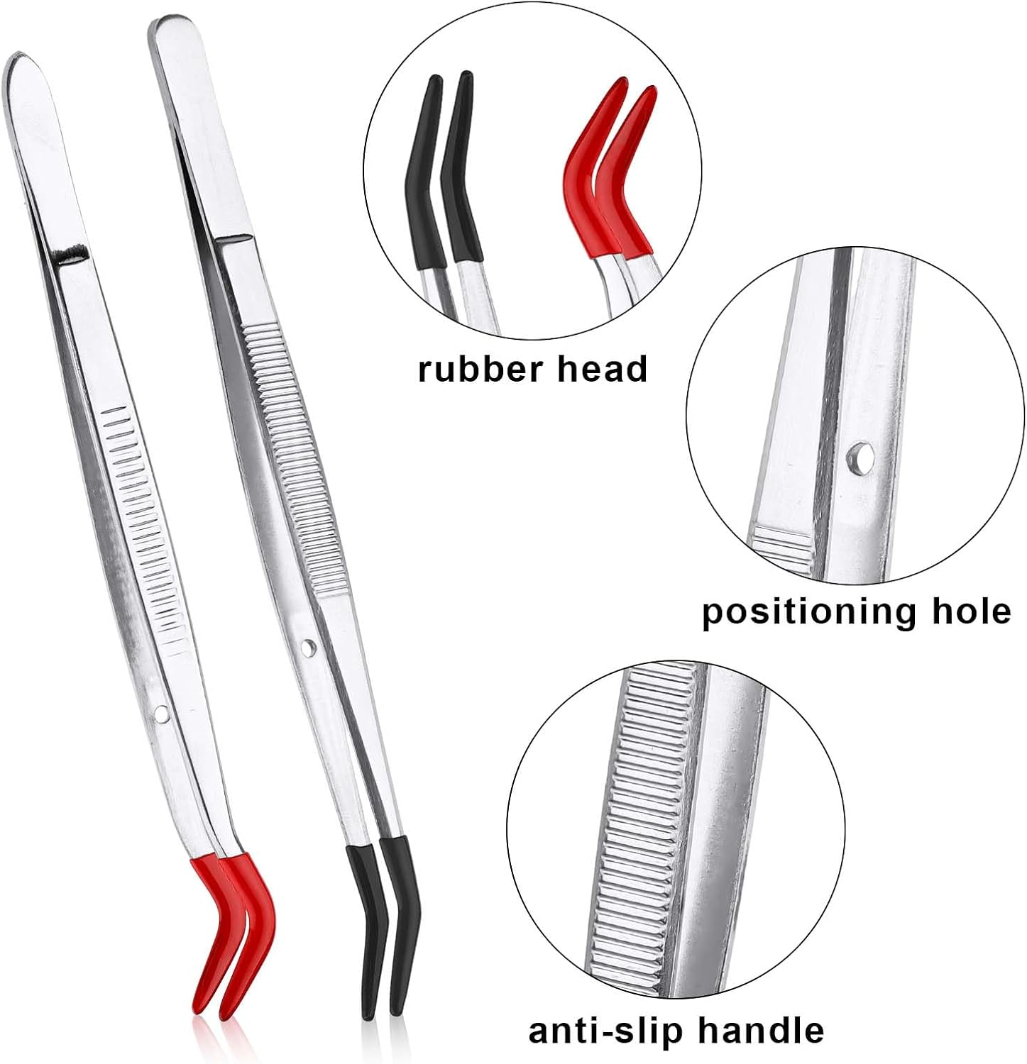 XIHIRCD 2Pcs Bent Tweezers with Rubber Tips, Curved Tip Tweezers, Stainless Steel, Compact, Red, Black image number 2