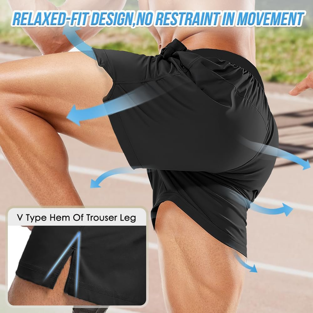 WOTOW Men'S Running Shorts with Liner, Quick Dry Athletic Shorts, Lightweight Outdoor Gym Workout Shorts with Towel Loop and Zipper Pockets image number 4