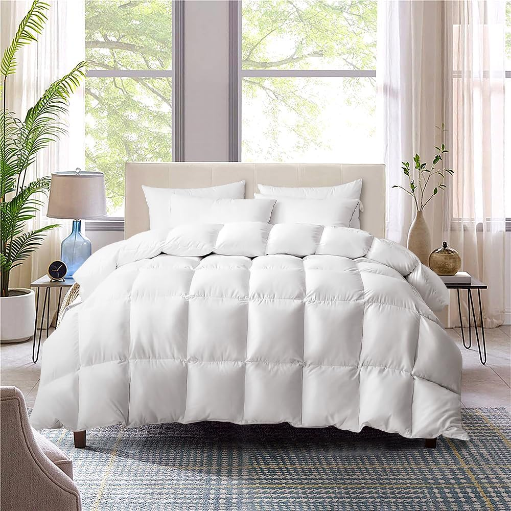 ZUNI Goose Feather down Comforter Queen Size, 500GSM All Seasons Goose Quilt, 100% Cotton Cover, Lightweight Soft Cotton Cover Home Bedroom Bed Travel Hotel Bed Comforter, Machine Washable, White