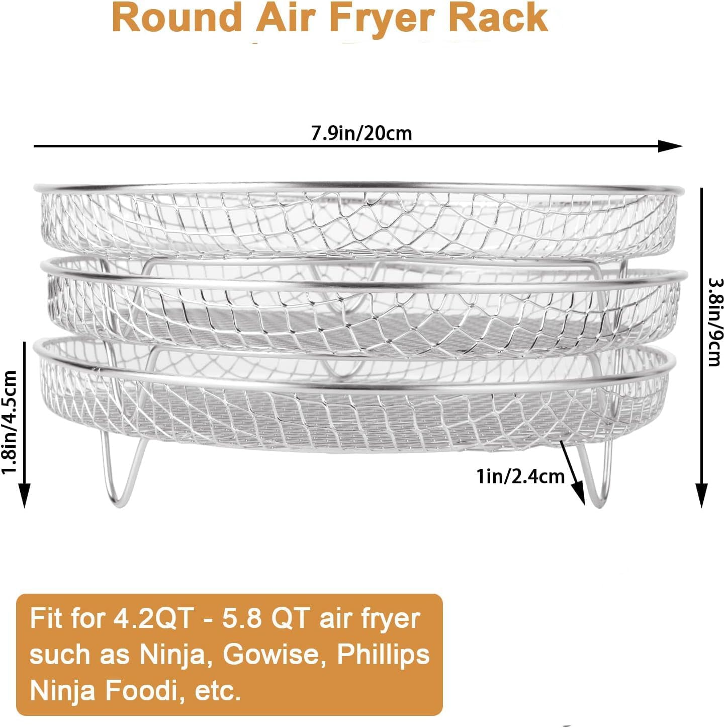 Air Fryer Rack, 3PCS Stackable Stainless Steel Dehydrator Rack, Air Fryer Basket Tray Compatible with Double Air Fryer, Ninja Dual Air Fryer Accessories (Round) - Rectangle image number 6