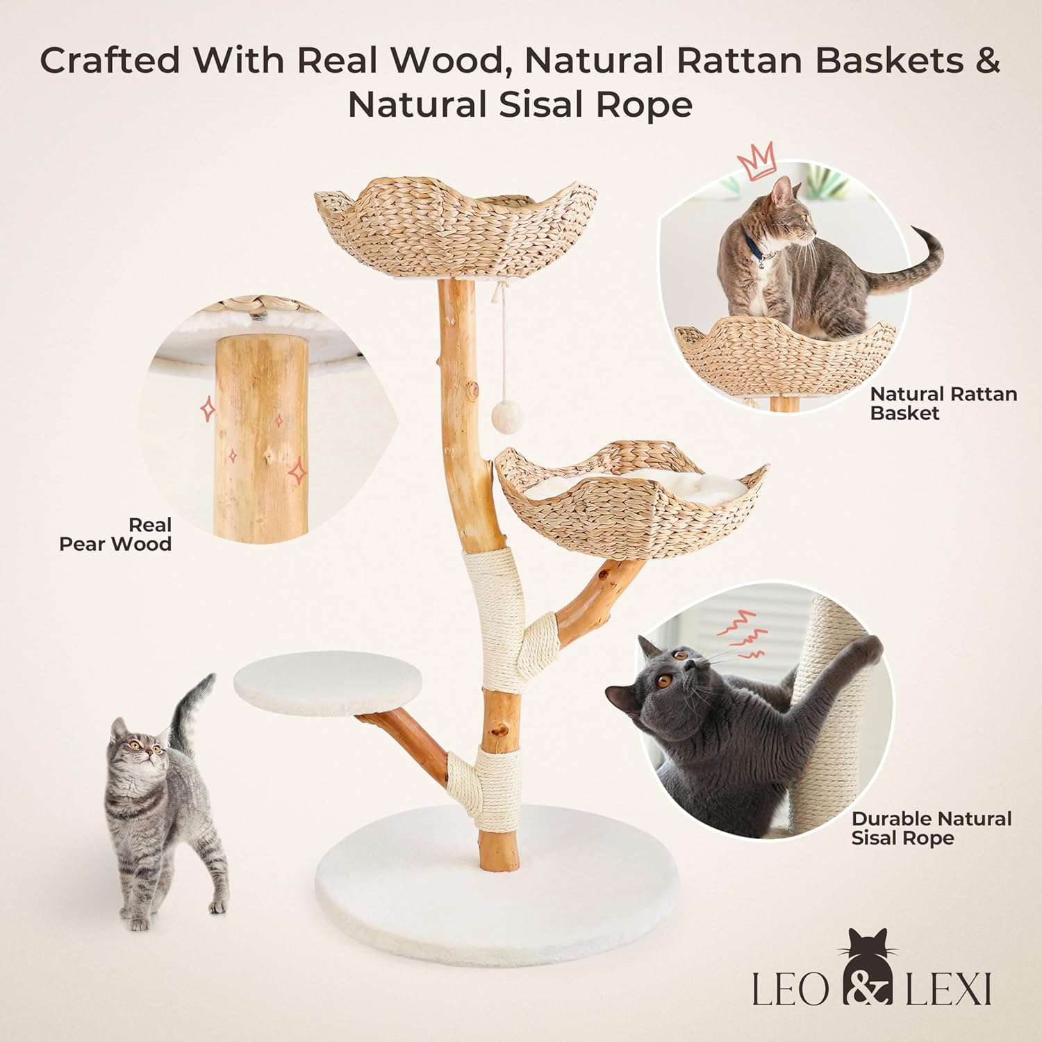 Real Wood Modern Cat Tree Tower for Indoor Cats Large Adult, Heavy Duty Wooden Condo, Kitty Climbing Tower with Scratching Post and Bed, Unique Boho Aesthetic Luxury Pet Furniture by Leo & Lexi image number 4