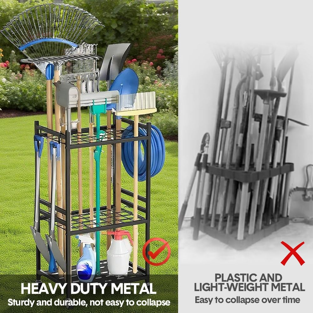 ALSTON Garden Tool Organizer Heavy-Duty Rolling Tool Tower Rack with Wheels and 4 Hooks Metal Shelf Storing Shovels Rakes Brooms Tools for Yard Garage Workshop image number 2