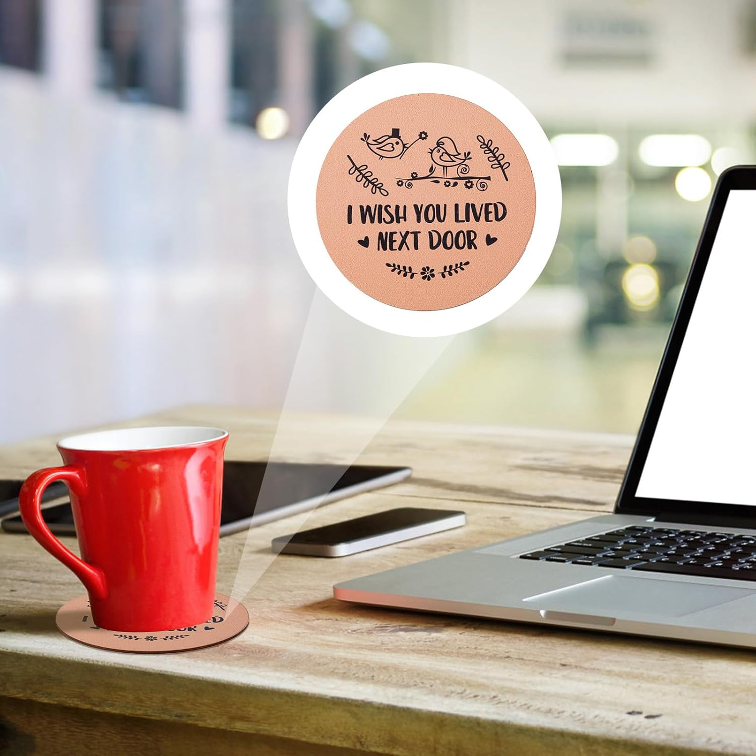 4Pcs Wooden Coasters, 10Cm round Coasters I Wish You Lived Next Door Gifts for Kinds of Cups Coffee Table Bar Home Office image number 4