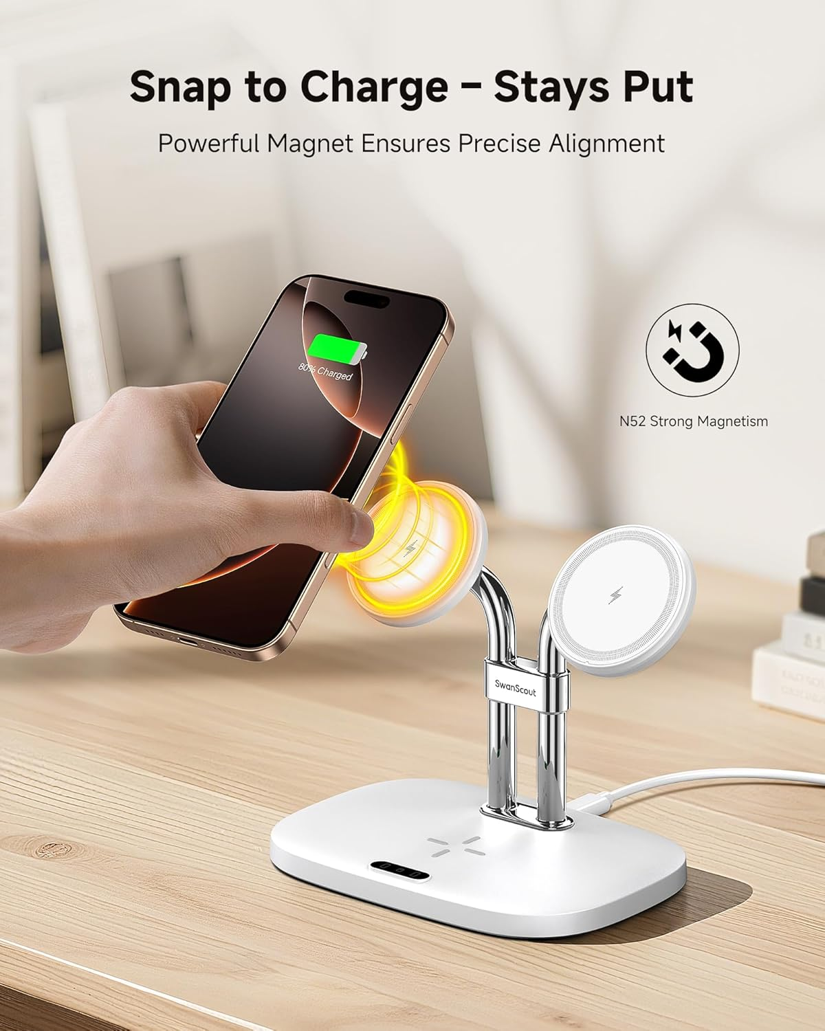 Swanscout Wireless Charger for Iphone 17/Air, Swanscout 706M, Dual Magnetic Charger for Iphone 16/15/14/13/12 Series, Charging Station for Airpods Pro 3/2, Airpods 4/3Rd (White) image number 2