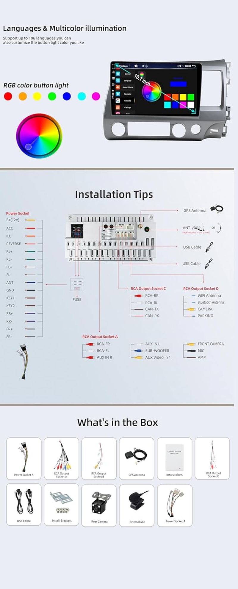 Android 14 IPS Car Stereo for Honda Civic (2006-2011) - Wireless Carplay/Android Auto - 4G+64G - LED Camera + MIC - 10.1 Inch 2 Din - DSP Steering Wheel DAB Fast-Boot 360-CAM Wifi