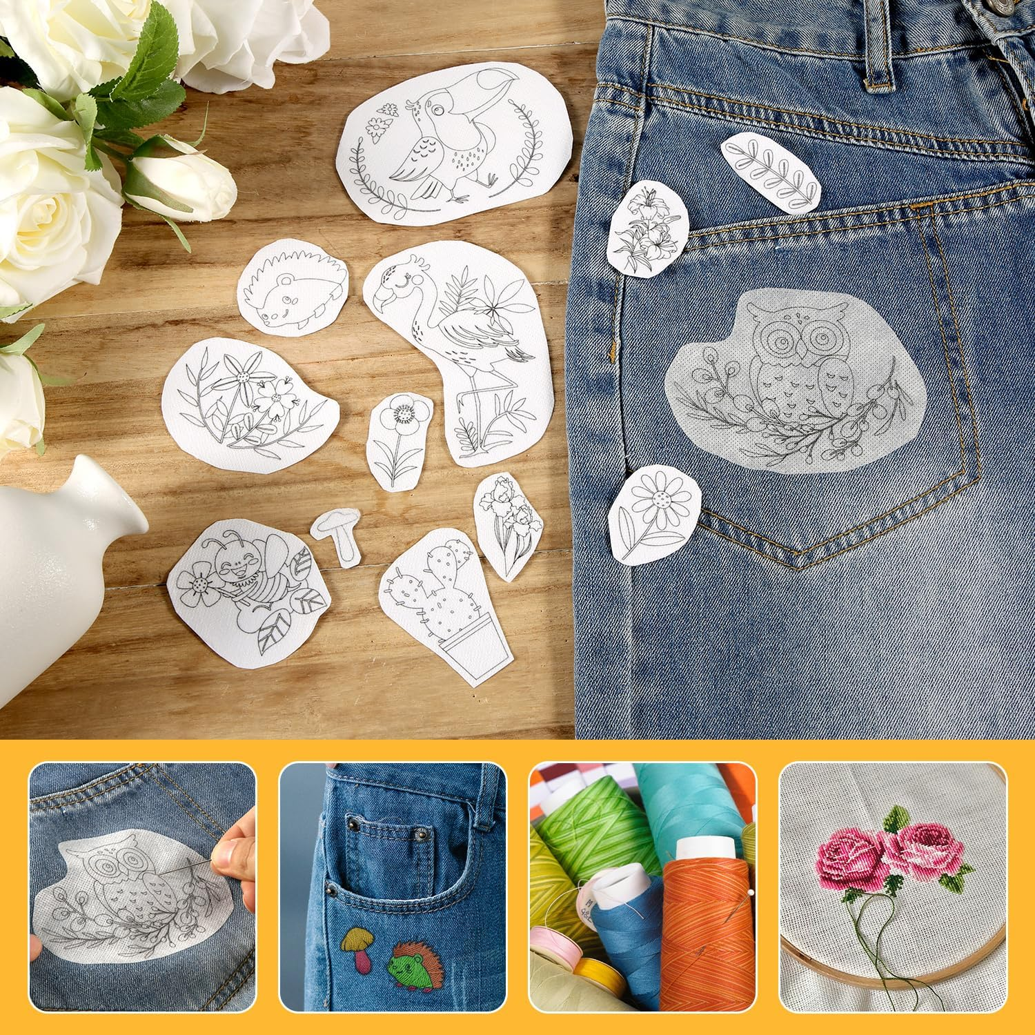 3 Sheets Water Soluble Embroidery Stabilizers, Botanical Flower Pattern Stick Embroidery Transfer Paper Peel Stick Embroidery for Bag Hat Fabric Hand Sewing Beginners Lovers image number 3