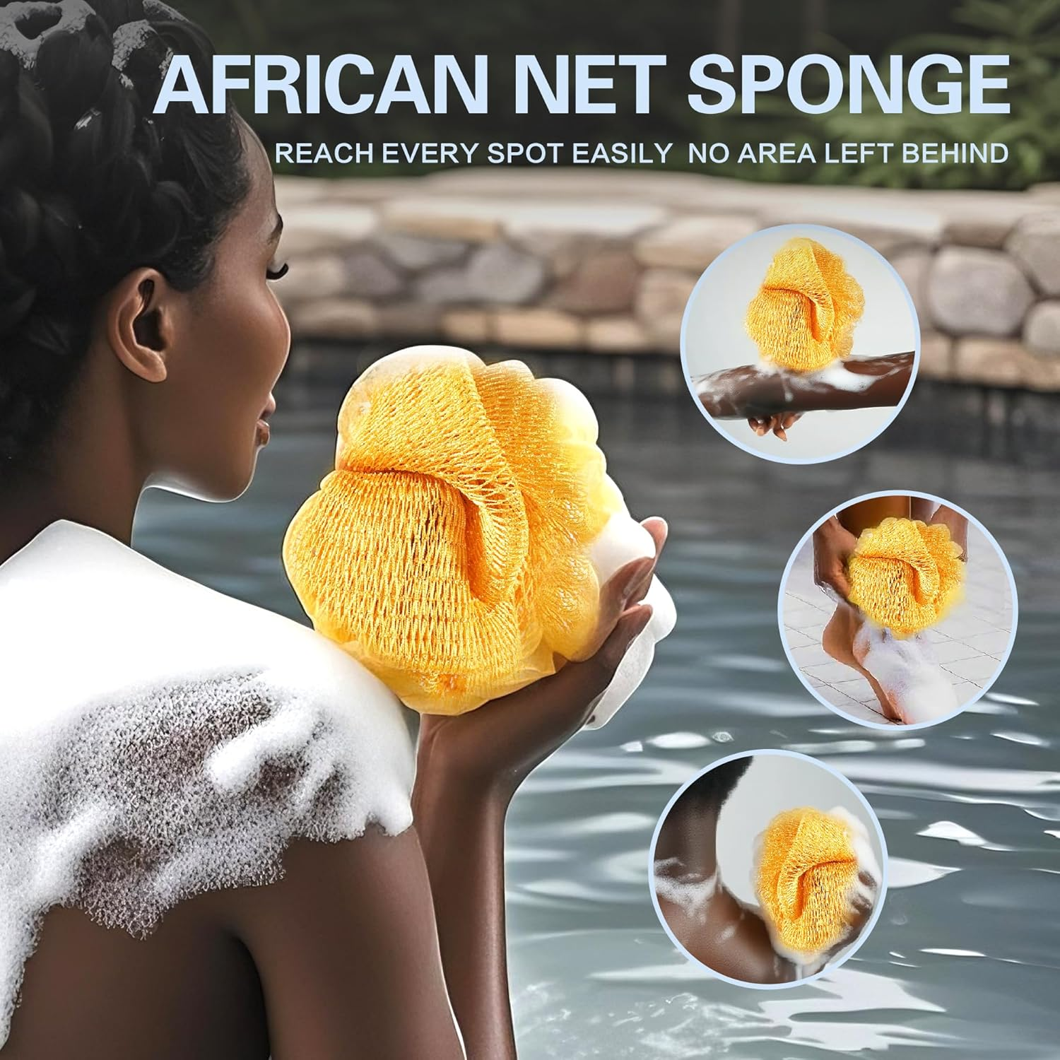 African Net Sponge Authentic 3 Pieces Exfoliating Body Scrubber African Net Sponge with Knots African Exfoliating Net Bath Sponge with Travel Bag (Black,Green,Blue) image number 4