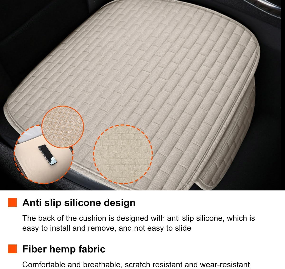 KVAEY Linen Back Car Seat Cover, Anti-Slip Long Bottom Rear Seat Cover Protector with Storage Pockets, Breathable Linen Rear Bench Seat Protector Cushion Pad for Most Vehicles (Beige, Front) image number 3