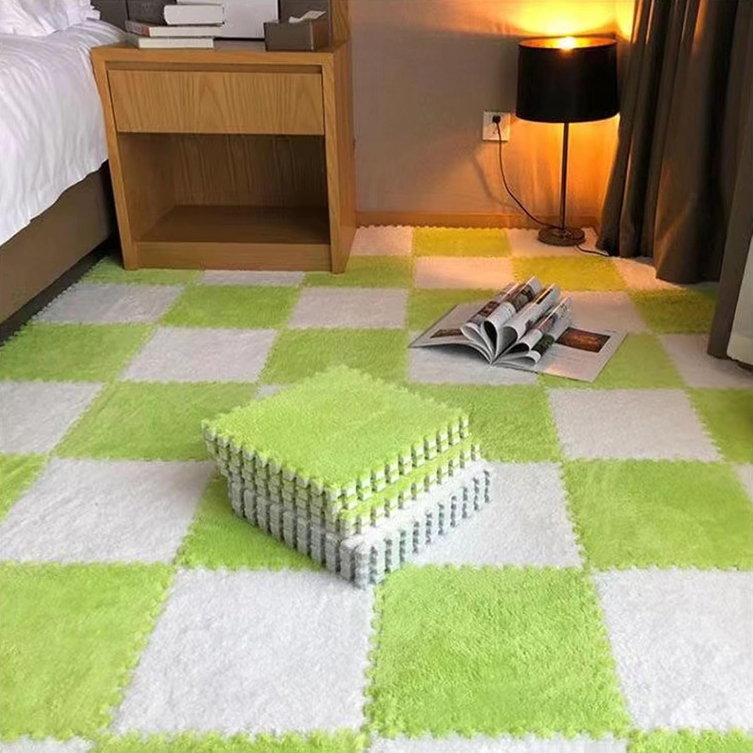 Fluorescent 10Pcs Plush Puzzle Foam Floor Mat, Interlocking Soft Square Foam Tiles 31X30Cm Area Rugs Carpet for Bedroom Parlor Decoration image number 3