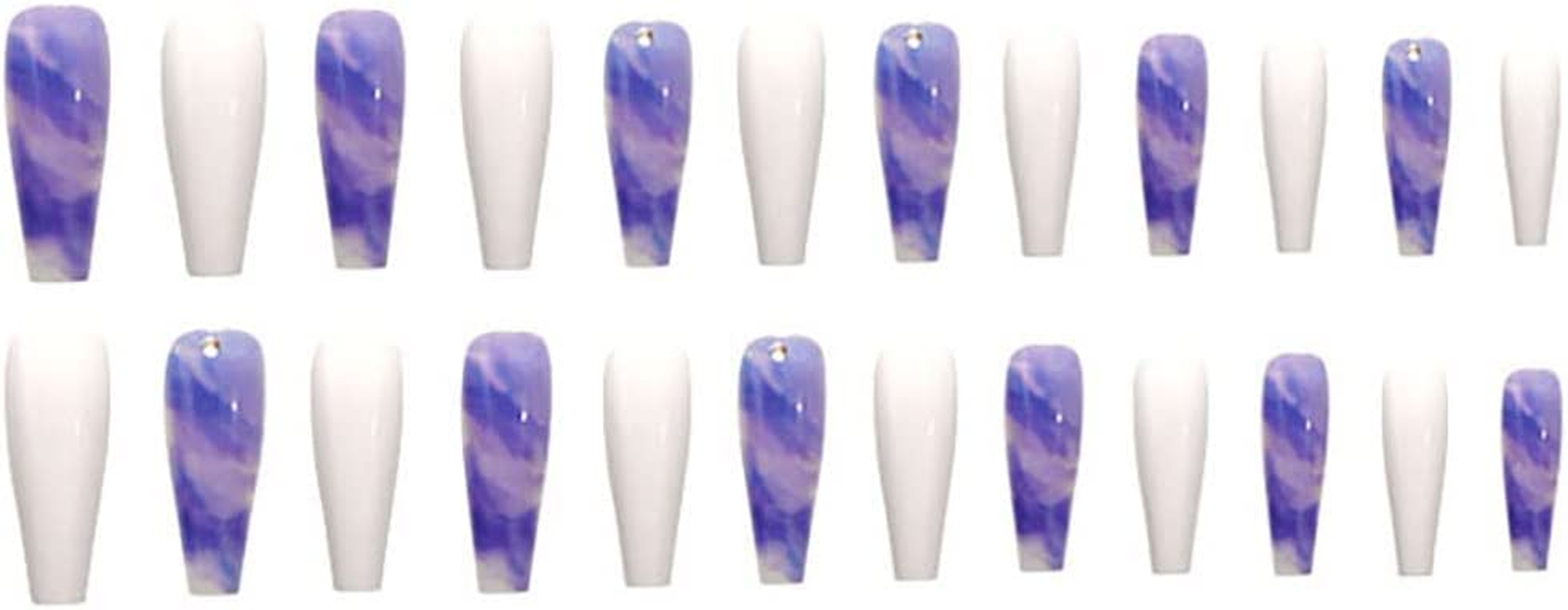 Fake Nails Long Coffin,Glossy Gradient Ballerina Blue False Nails with Rhinestone Design Full Cover Stick on Nails for Women and Girls 24 PCS
