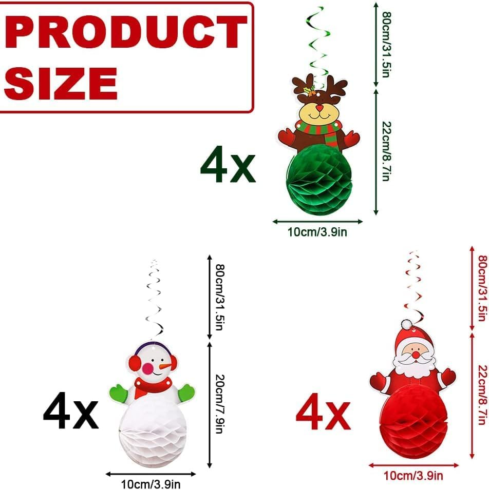 12 Pcs Christmas Decorations Set Christmas Decoration Honeycomb Balls Christmas Hanging Swirls Decorations Balls Santa Reindeer Snowman Ceiling Swirls Dangling Decorations image number 2