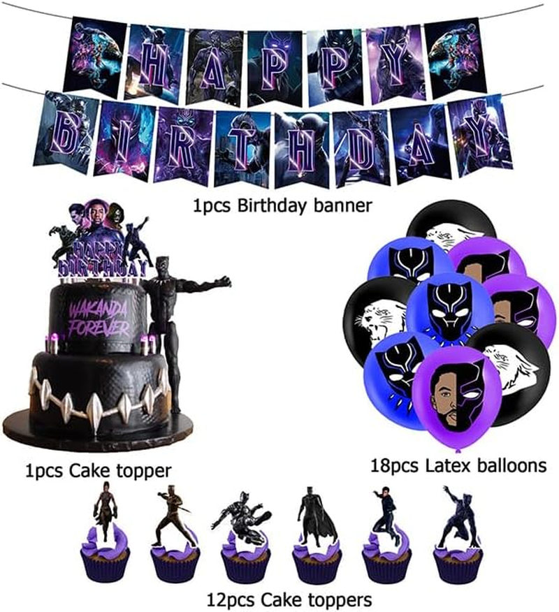 Dinoeye Black Panther Birthday Party Supplies: 18Pcs Balloons, 13Pcs Cake Decorations, 1Pc Banner image number 3