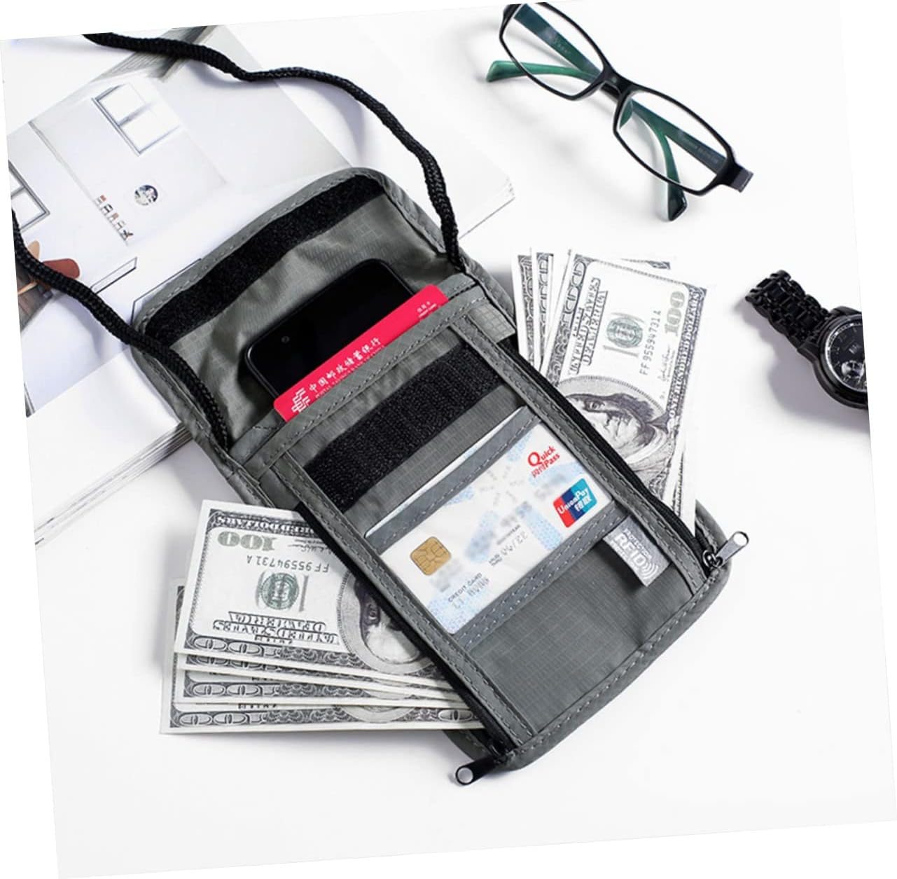 Veemoon Travel Wallet Neck Hanging Passport Holder for Men and Women, Waterproof Multifunctional Passport Cover Id Window, Credit Card Organizer, Grey Travel Carry Bag image number 2