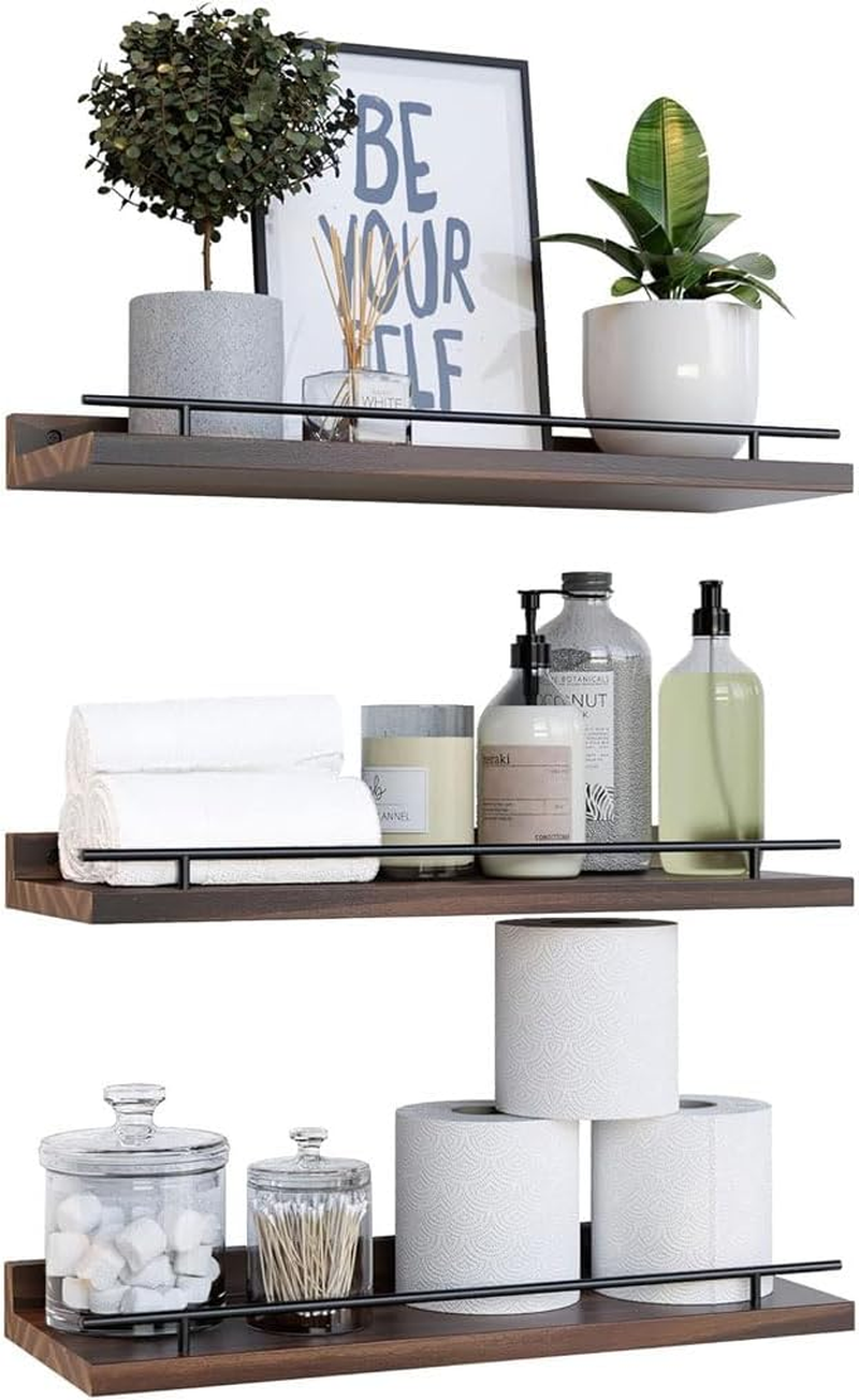 Delsol Floating Shelves with Metal Guardrail Set of 3, Wall Mounted Shelves for Wall Decor, Shelf for Bedroom, Bathroom, Kitchen, Living Room, Plants, Picture Frames, Art (White)