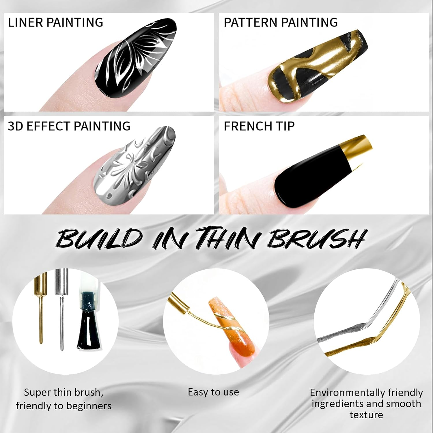 U-Shinein Metallic Mirror Painting Gel Nail Polish, Ultra Mirror Silver & Gold Metal Painted Drawing Gel with Build in Thin Brush, Chrome Gel Polish Nail Art Gel Liner Soak off DIY Nail Art 2X12 Ml - Mirror Silver + Rose Pink image number 2