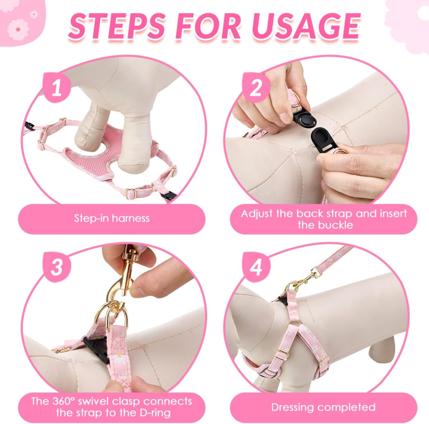 AUTOWT No Pull Dog Harness with Leash Set, Adjustable Breathable Soft Suede Puppy Harness, Reflective Lightweight Pet Harness Vest for Extra Small Medium Dogs Outdoor Walking Training (Pink, XS) image number 3