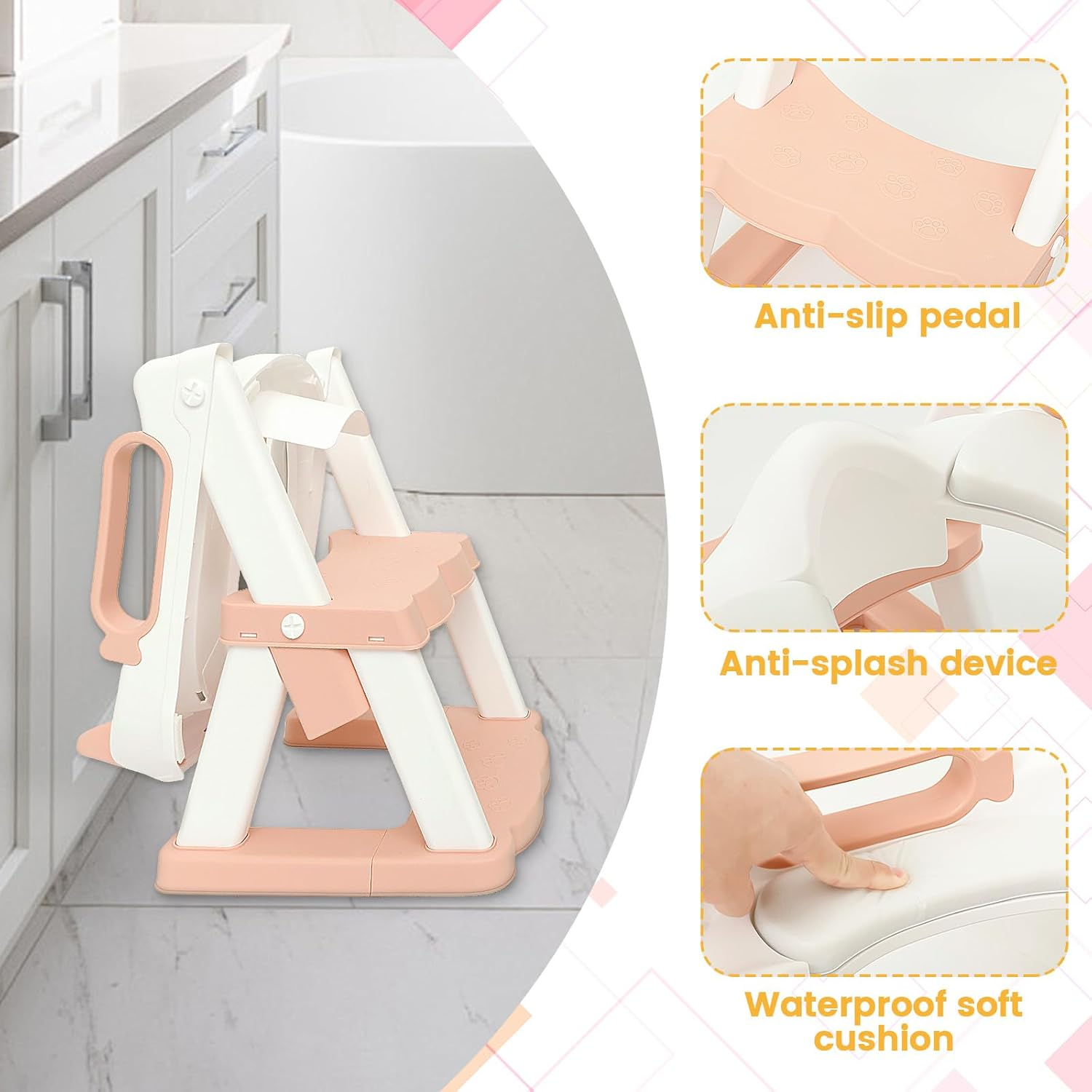 Potty Training Seat with Step Stool, Foldable Training Ladder anti Slip, Adjustable Height Comfortable Safe Potty Seat for Kids Boys Girls (Pink) - Grey image number 4