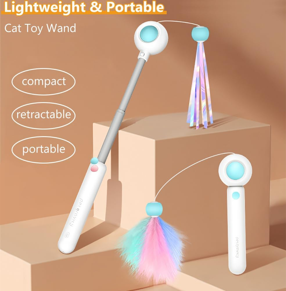RINGSUN Cat Toy Wand, Interactive Retractable Stick with 3Pcs Teaser, Feather Cat Toys for Indoor Cat Fun Playing & Exercising