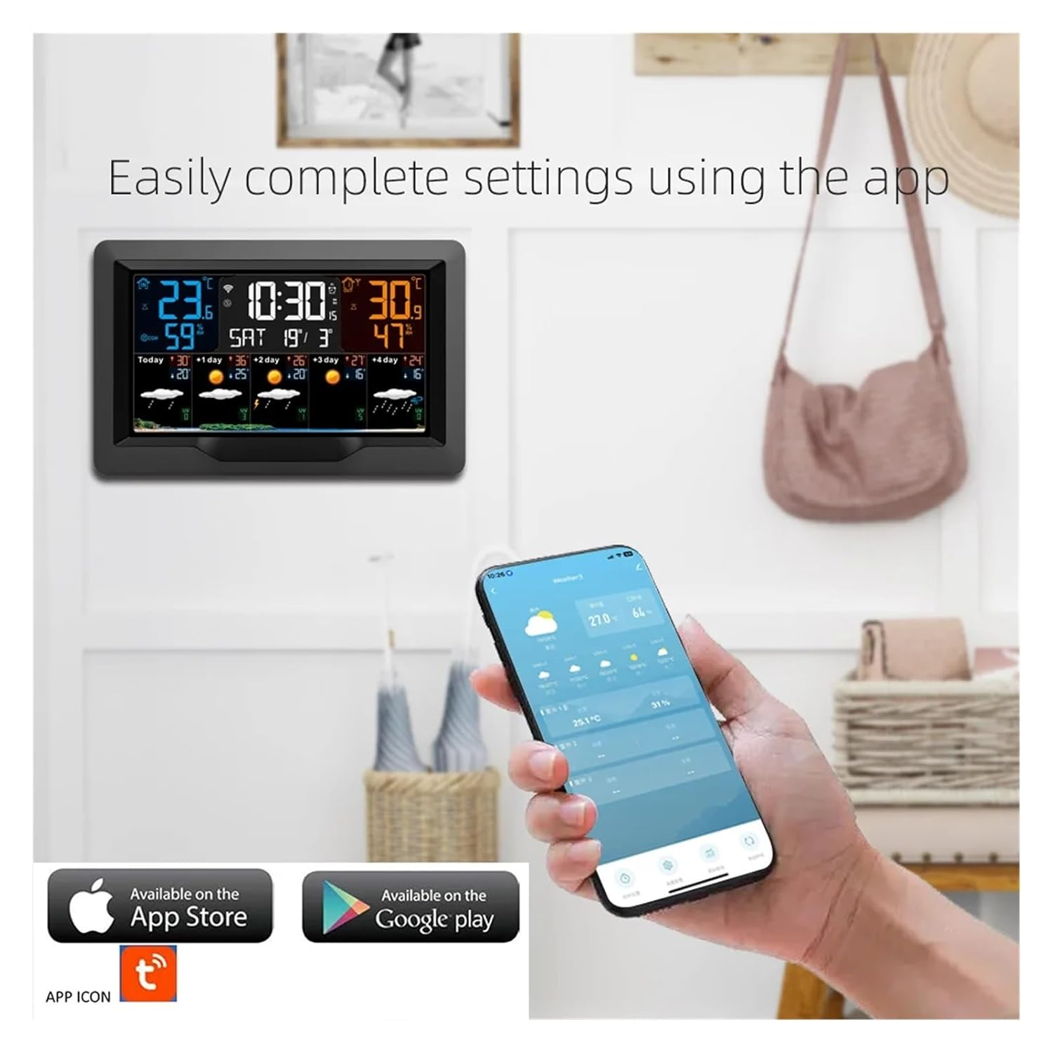 Wifi Weather Station Digital Color Screen Thermometer Hygrometer Online Forecast Trend Wall Alarm Clock Sensor image number 2