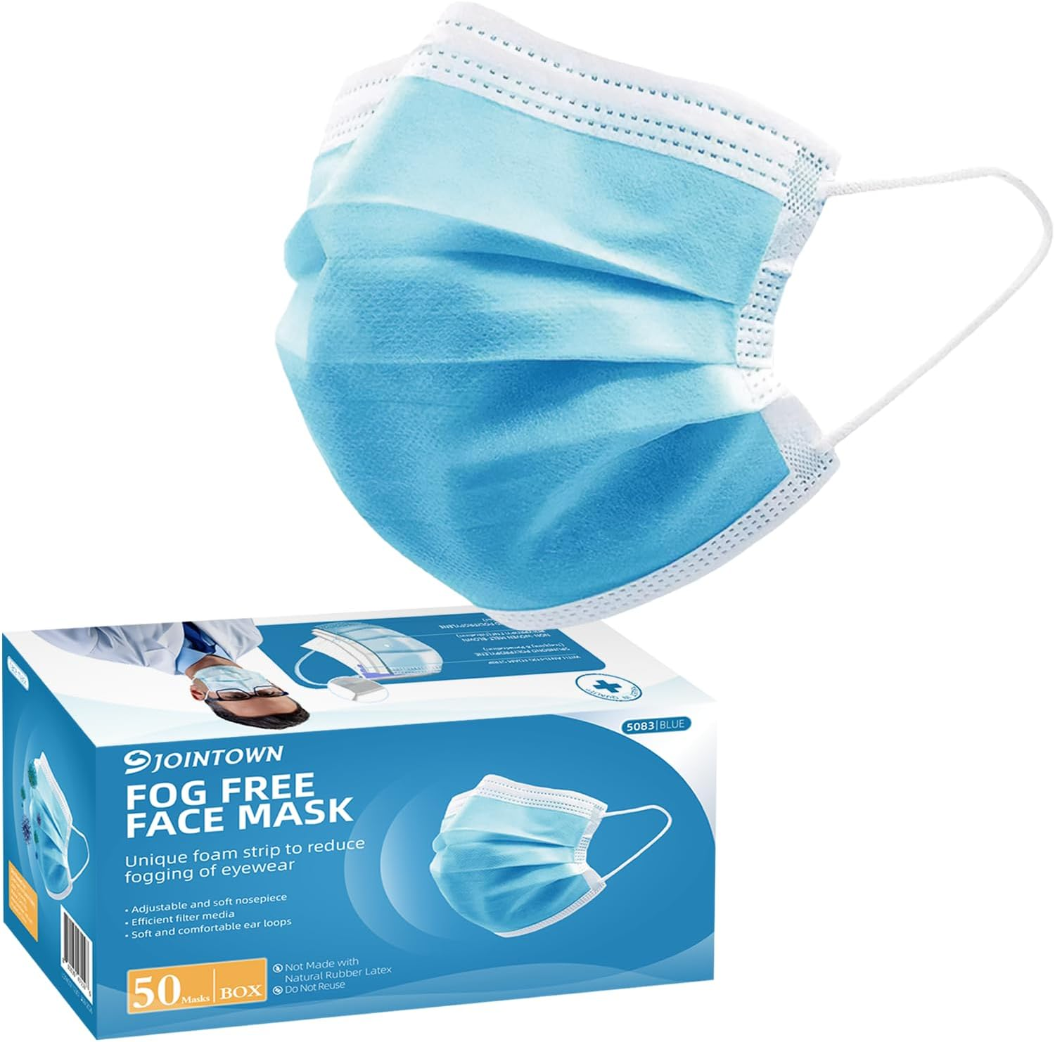 Jointown Anti-Fog 3-Ply Disposable Face Mask, Face Mask with Efficient Filter Media for Adult, Adjustable and Soft Nosepiece, Box of 50 Pcs image number 2