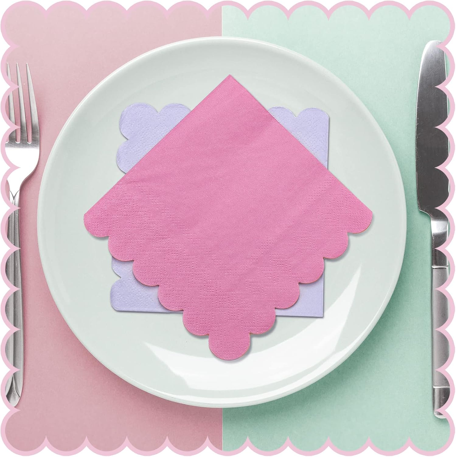 Kosiz 100 Pieces Scalloped Edged Cocktail Napkins Colorful Paper Napkins Disposable Pastel Napkins for Party Wedding Shower Baby Beverage Dinner Birthday, 9.84 X 9.84 Inches, 4 Macaron Colors