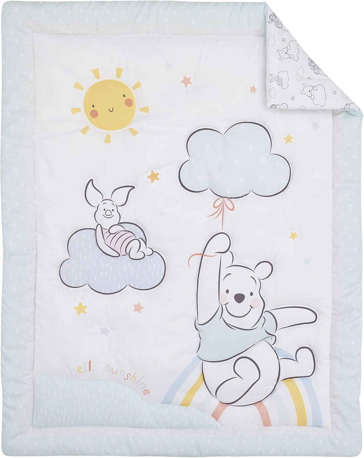 Disney Winnie the Pooh Hello Sunshine White and Aqua Piglet, Rainbow, Clouds, and Sun 3 Piece Nursery Mini Crib Bedding Set - Comforter and Two Fitted Mini Crib Sheets image number 6