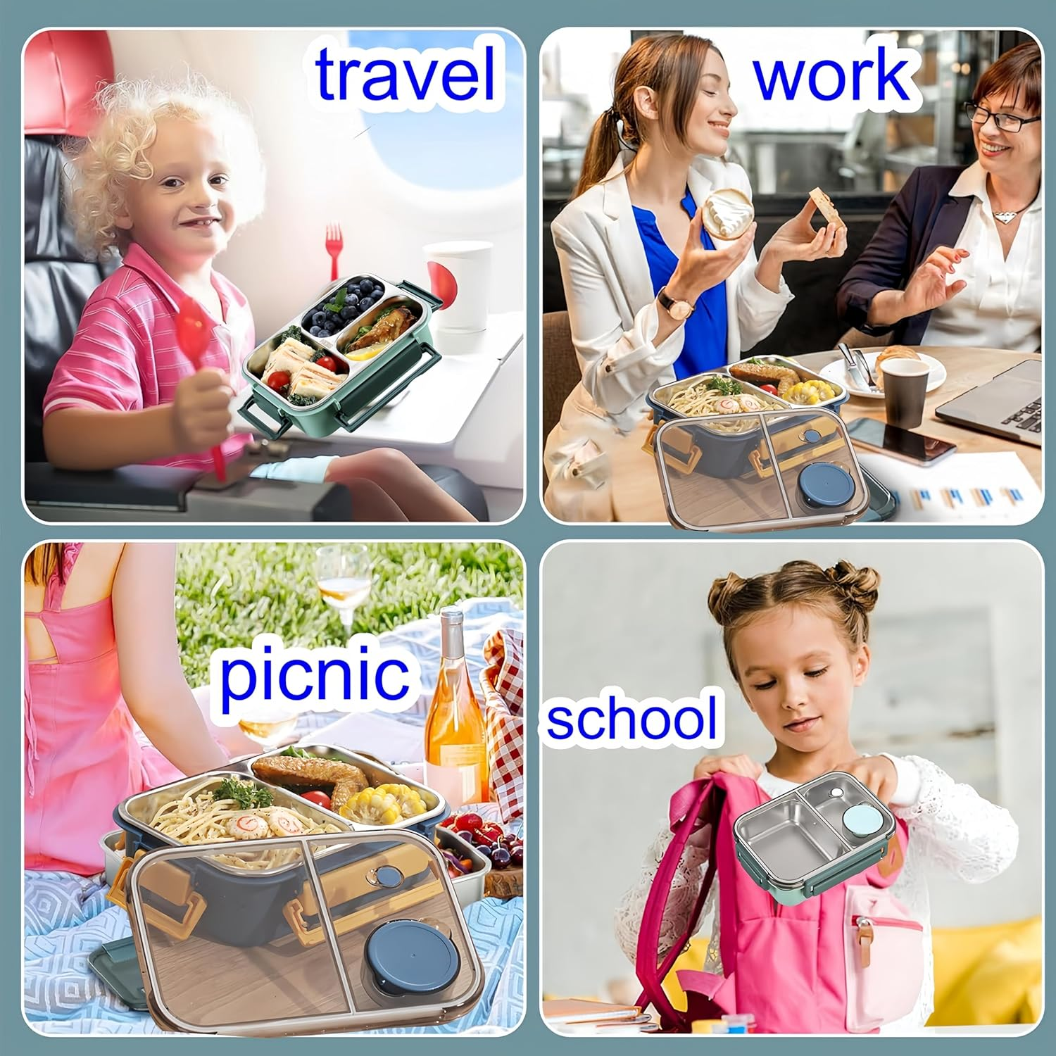 Stainless Steel Lunch Box with 4 Compartments, 850Ml Bento Box Set with Leakproof Lid, Utensils, and Easy Portability for School, Work, Camping, and Travel image number 4