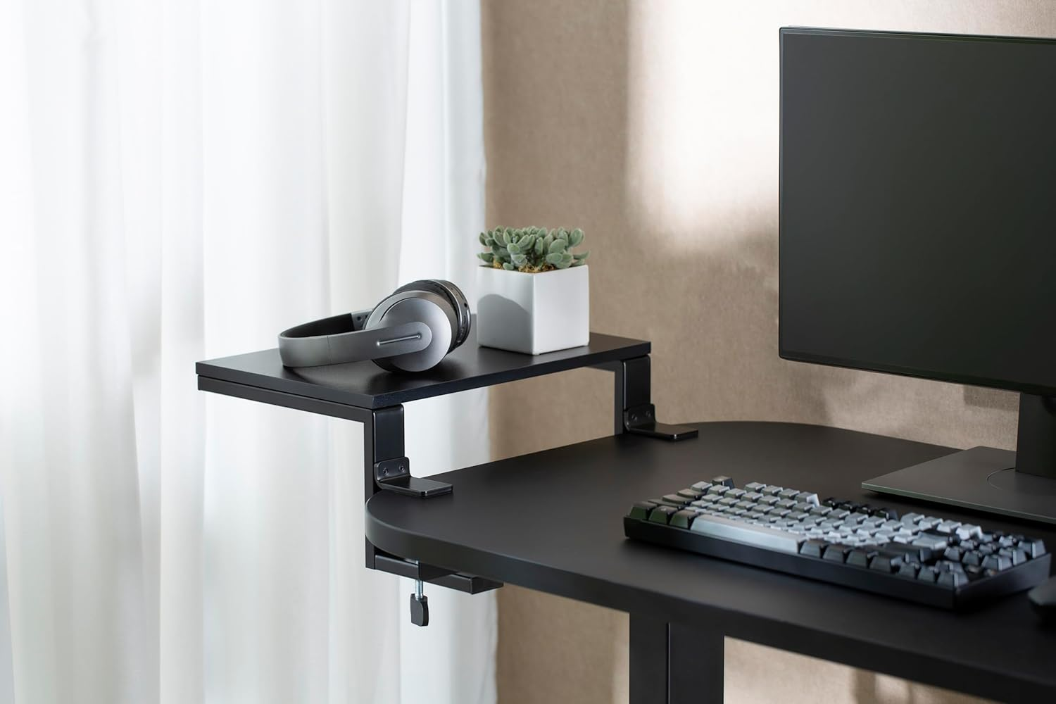 Officeozone 2-In-1 Desk Organizer, Extender Shelf & Monitor Riser, Clamp-On, 38 Cm, Black