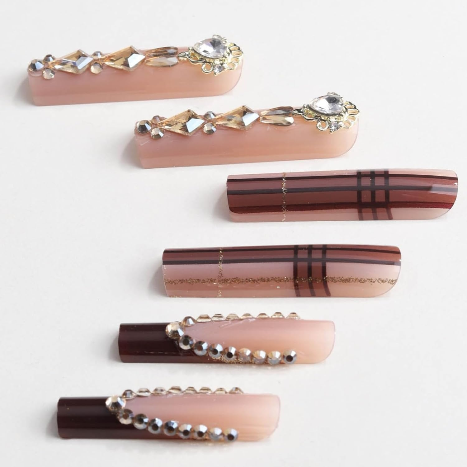 SEENEEY Square Press on Nails Long Brown French Tip Acrylic False Nails with Designs for Women (24PCS) image number 4