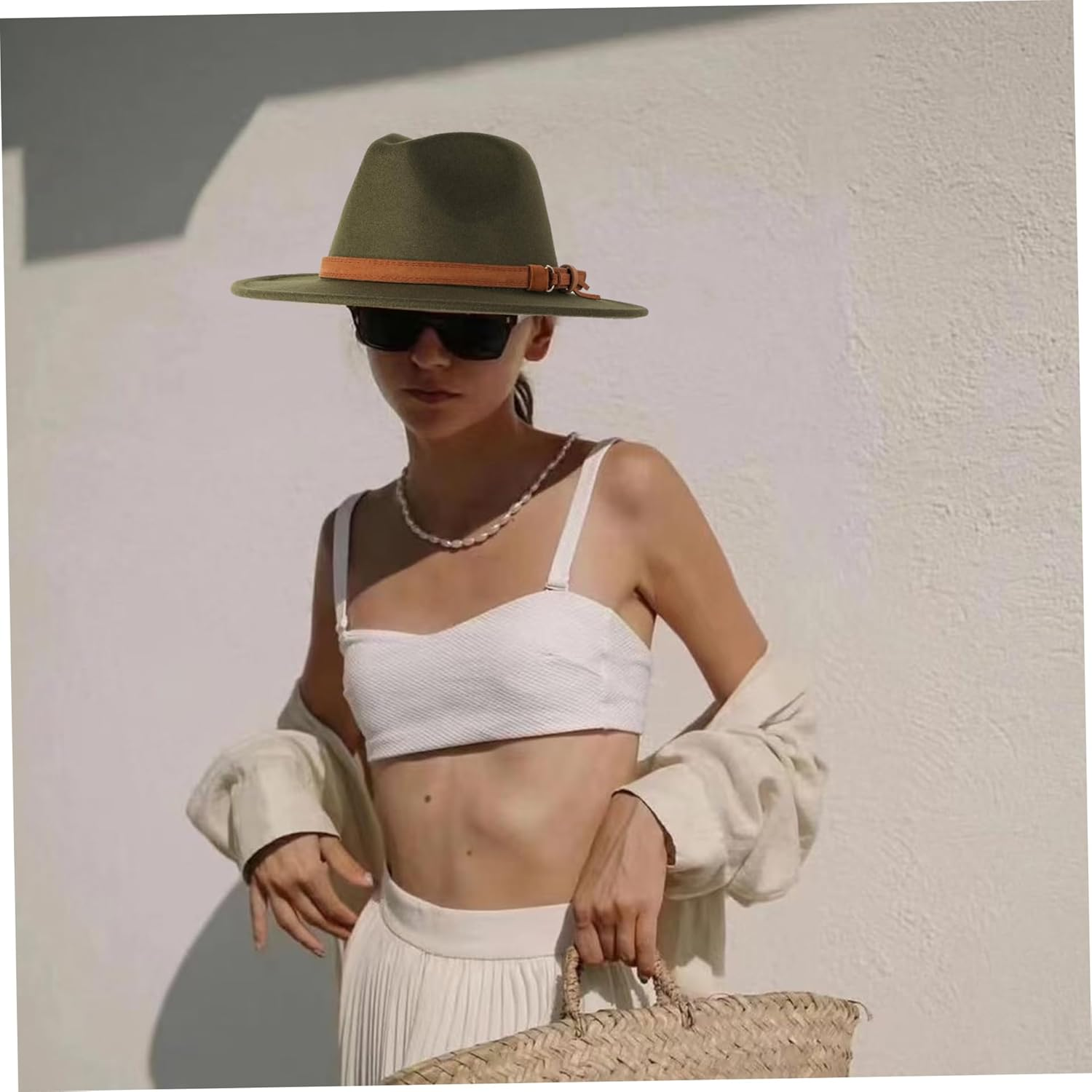 Whyzsjnclg Felt Hats for Men Women, Wide Brim Fedora Hats for Men, Classic Vintage Fedora Hat with Belt Buckle, Portable Mens Dress Hats for Winter Party Decor Felt Hats for Men Green image number 3