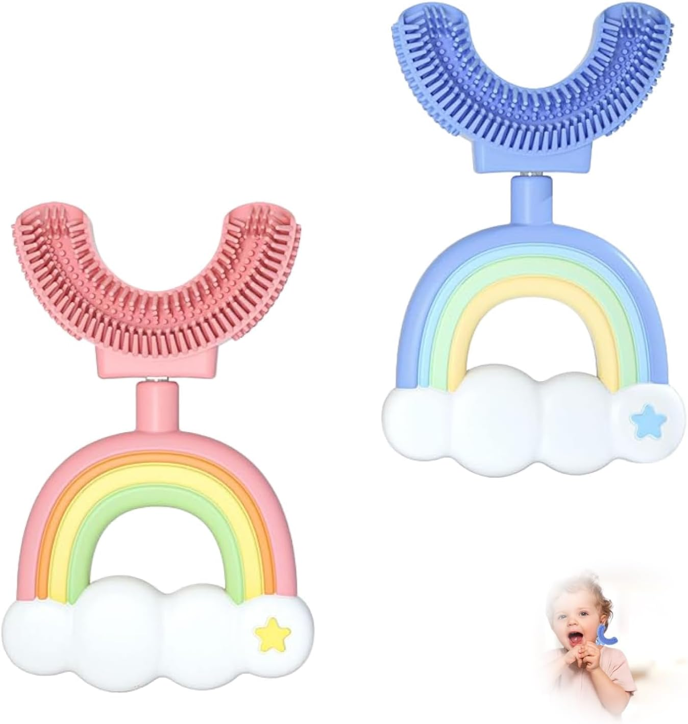 2 Pcs U Shaped Silicone Toothbrush for Kids Age 1-7 Years Extra Soft 360&deg; Teeth Cleaning Toddler Toothbrush for Sensitive Gums Easy Grip Handle Pink Blue image number 2