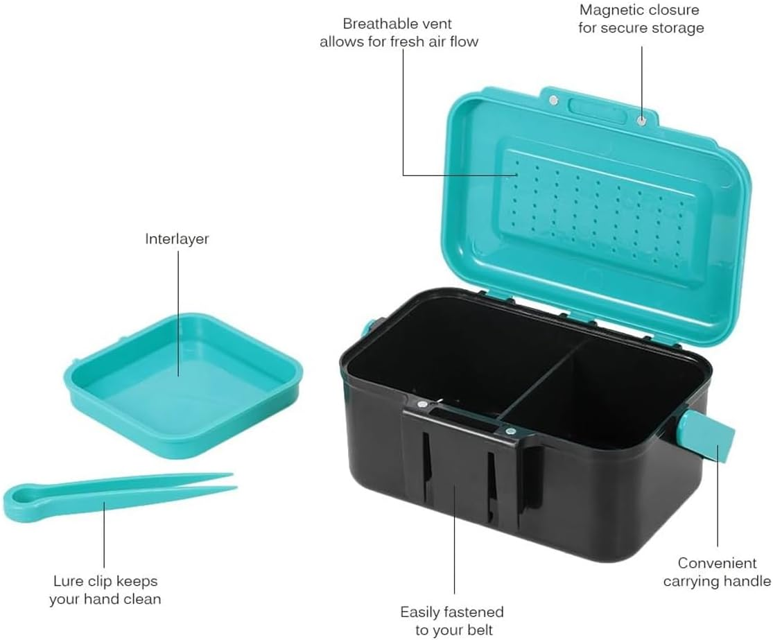 AIMALL Blue Handle Waist - Hanging Live Bait Box, Earthworm/Red Worm Storage, Belt Clip Design, Fishing Gear Accessory with Tray & Tweezers, Compact & Portable image number 1