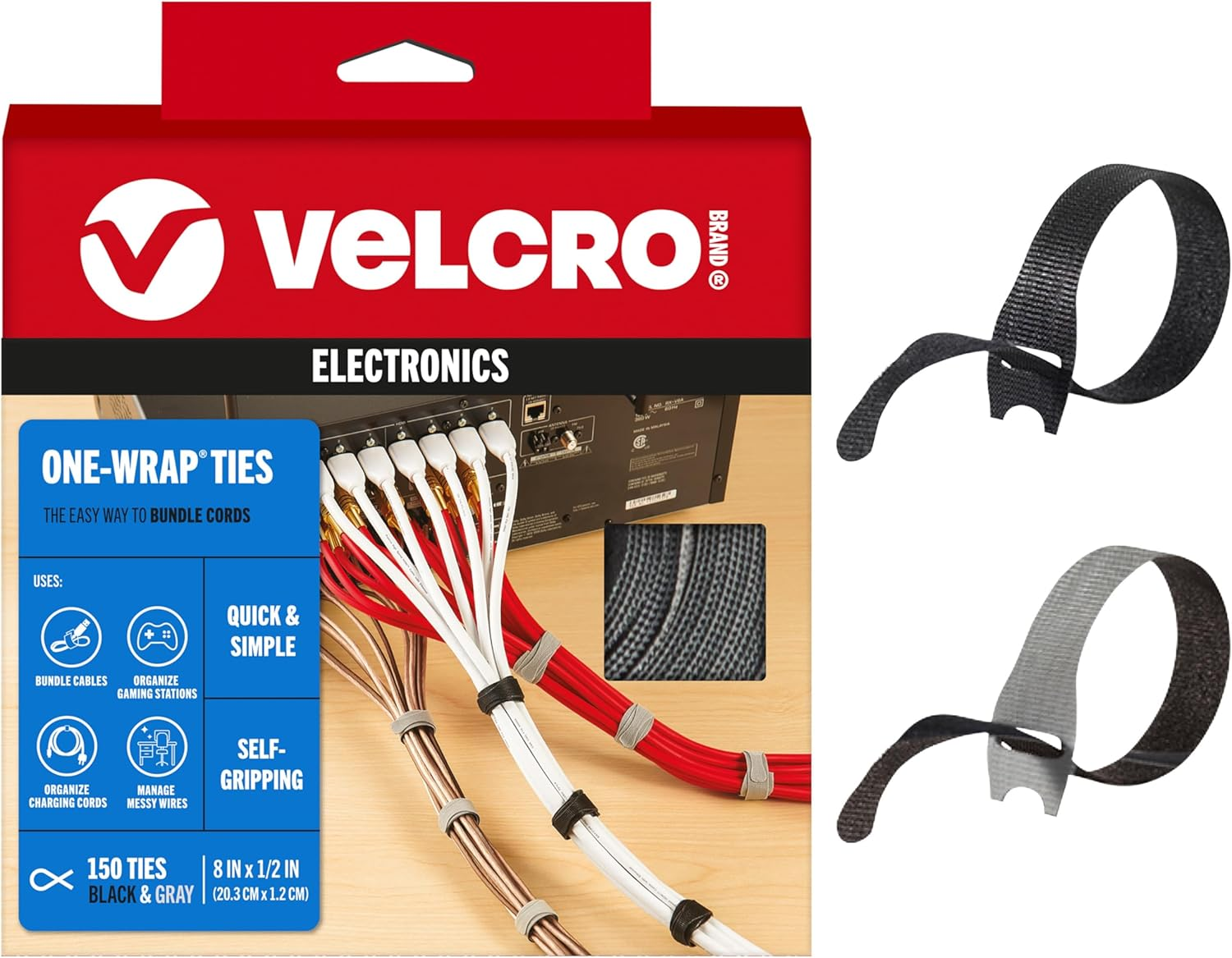 VELCRO Brand 150Pk Cable Ties Value Pack | Replace Zip Ties with Reusable Straps, Reduce Waste | for Wire Management and Cord Organizer | 8 X 1/2" Thin Pre-Cut Design, Black and Gray image number 3