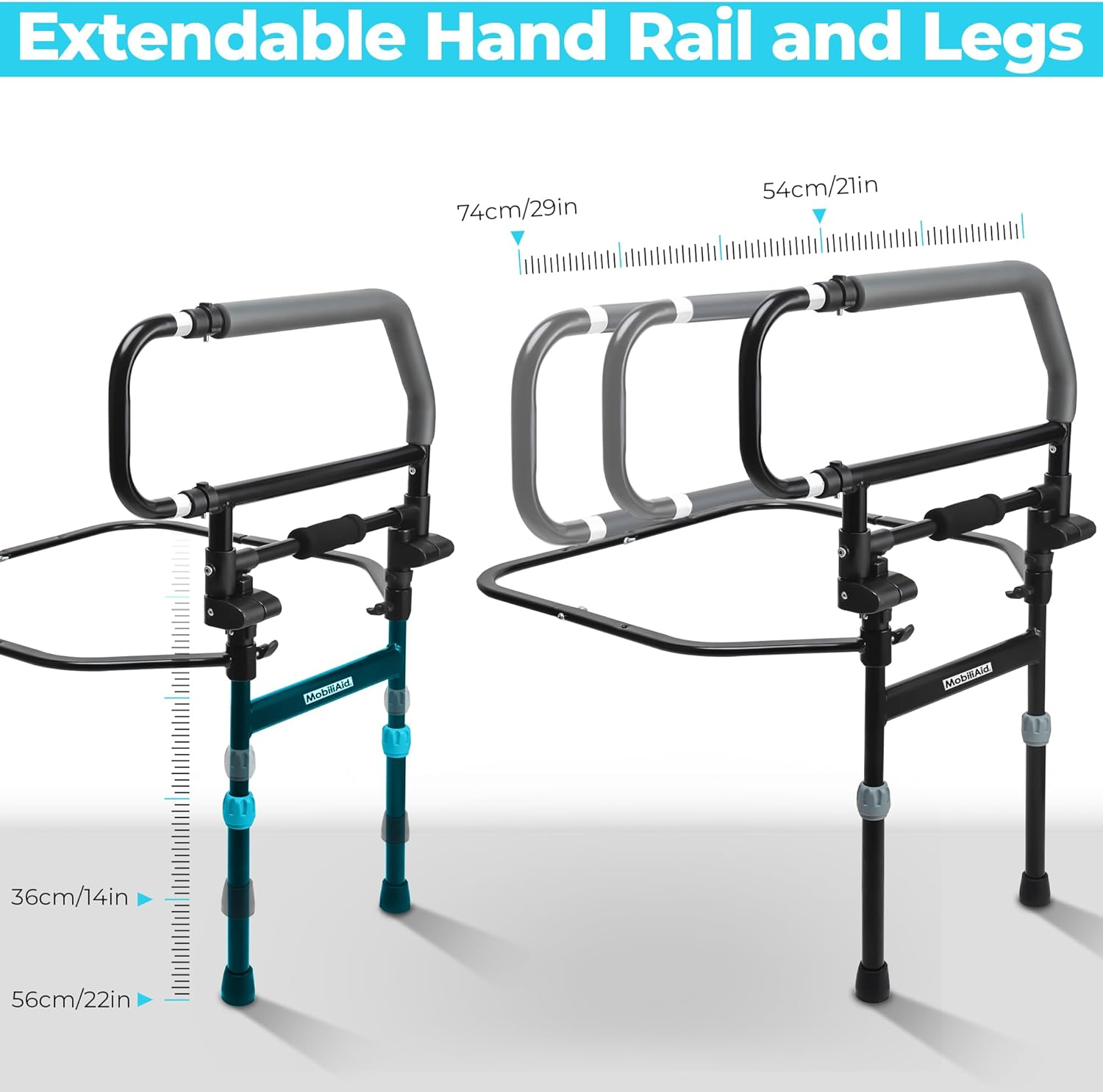 Heavy Duty Bed Rails for Elderly Adults (150Kg Capacity) - Foldable Support Handle W/Adjustable Legs &ndash; Any Size/Queen/King Size Bed Rail for Elderly Safety - Australian Owned Mobility Aid
