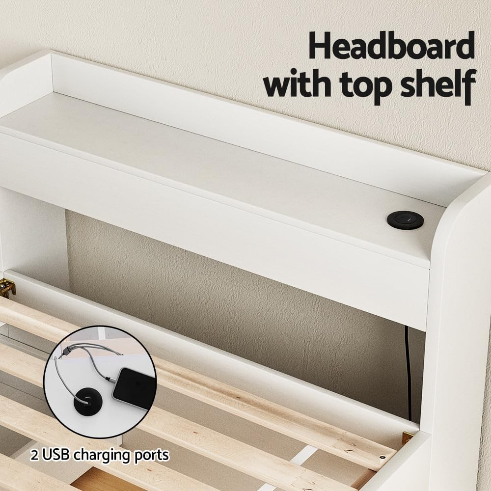 Artiss Single Bed Frame with Storage Headboard, Wooden Bed Base with 2 Storage Drawers, Solid Platform Bedframe with Charger, No Box Spring Needed for Guest Room, Bedroom Furniture, Easy Assembly image number 5