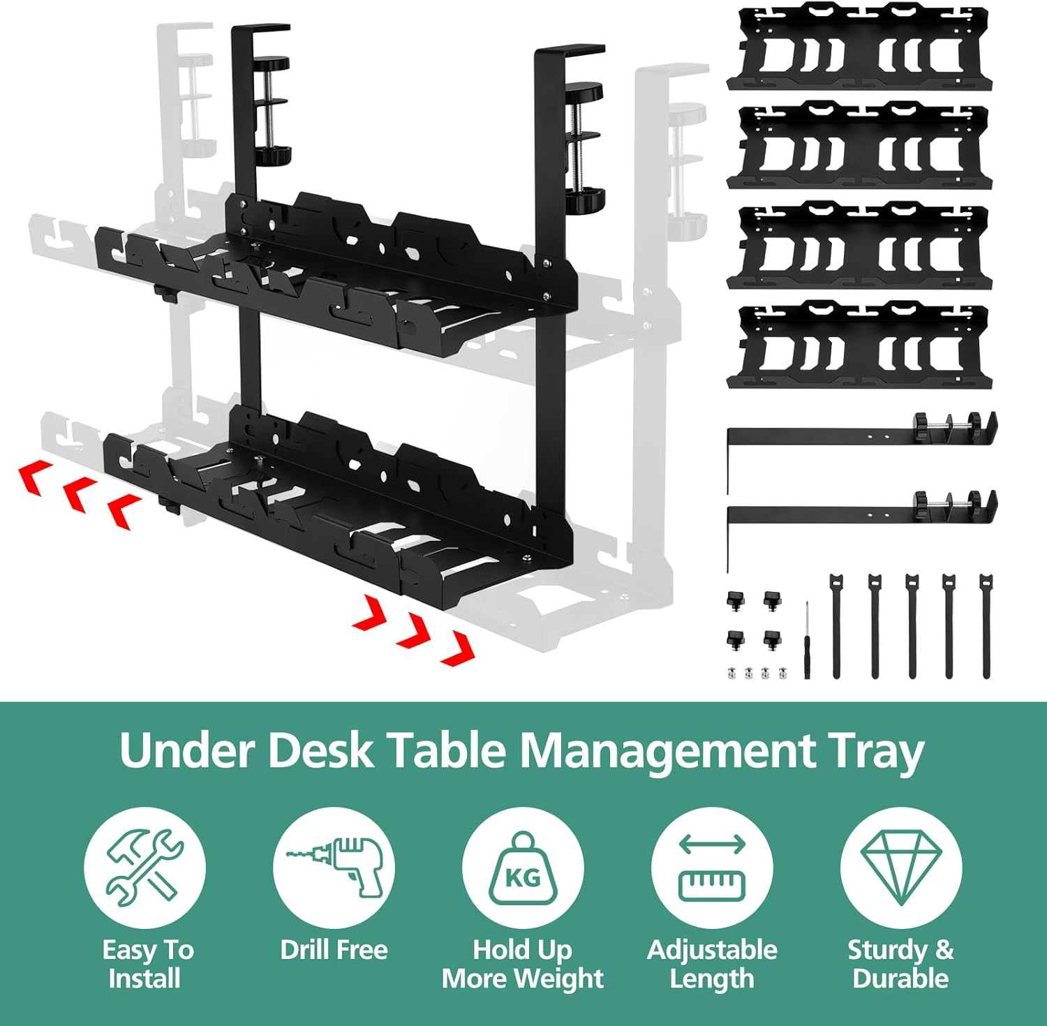 Under Double Desk Cable Management Tray,45-72Cm Adjustable Length Non-Drill Installation Cord Management for Home Office,Durable Carbon Steel Black image number 1