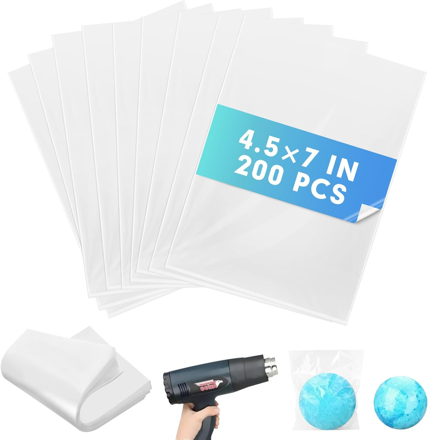Shrink Wrap Bags, [200 Pcs] 4.5 * 7 Inches Clear PVC Heat Shrink Wrap Bags, Small Shrink Wrap Bags for Packagaing Soap Bath Bombs Candles and Homemade DIY Projects image number 1