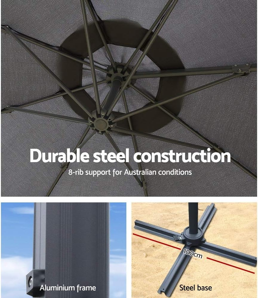 Instahut Outdoor Umbrella 3M Charcoal Cantilever Roma Umbrellas Stand, Sun Beach Garden Gazebo Canopy Home Patio Camping Tent, 360&deg; Rotatable Shading Water Resistant and UV