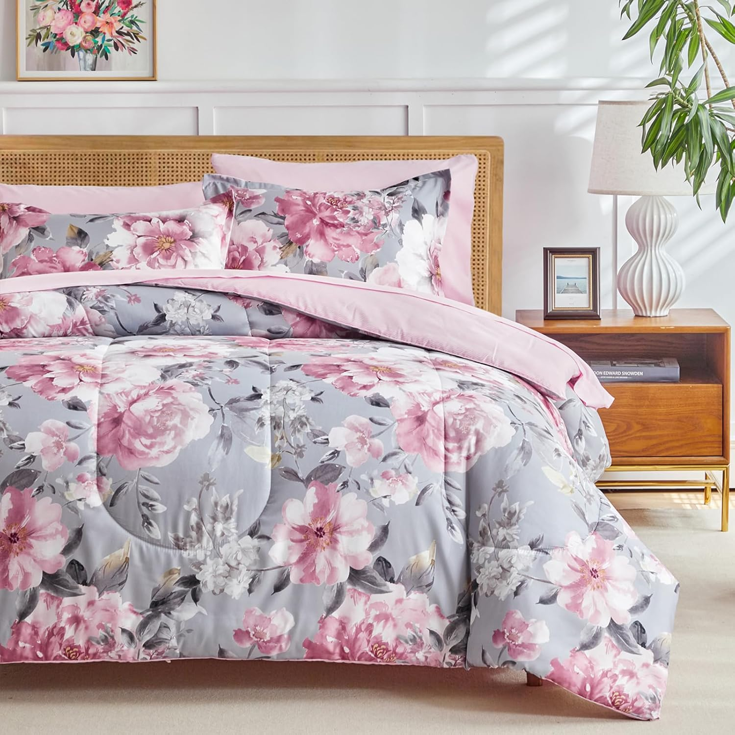 Joyreap 3Pcs Floral Comforter Set King, Tie-Dye Pink Flowers on Gray Design, Microfiber Lightweight Bedding Comforter Set for All Season- 100X88 Inches image number 3