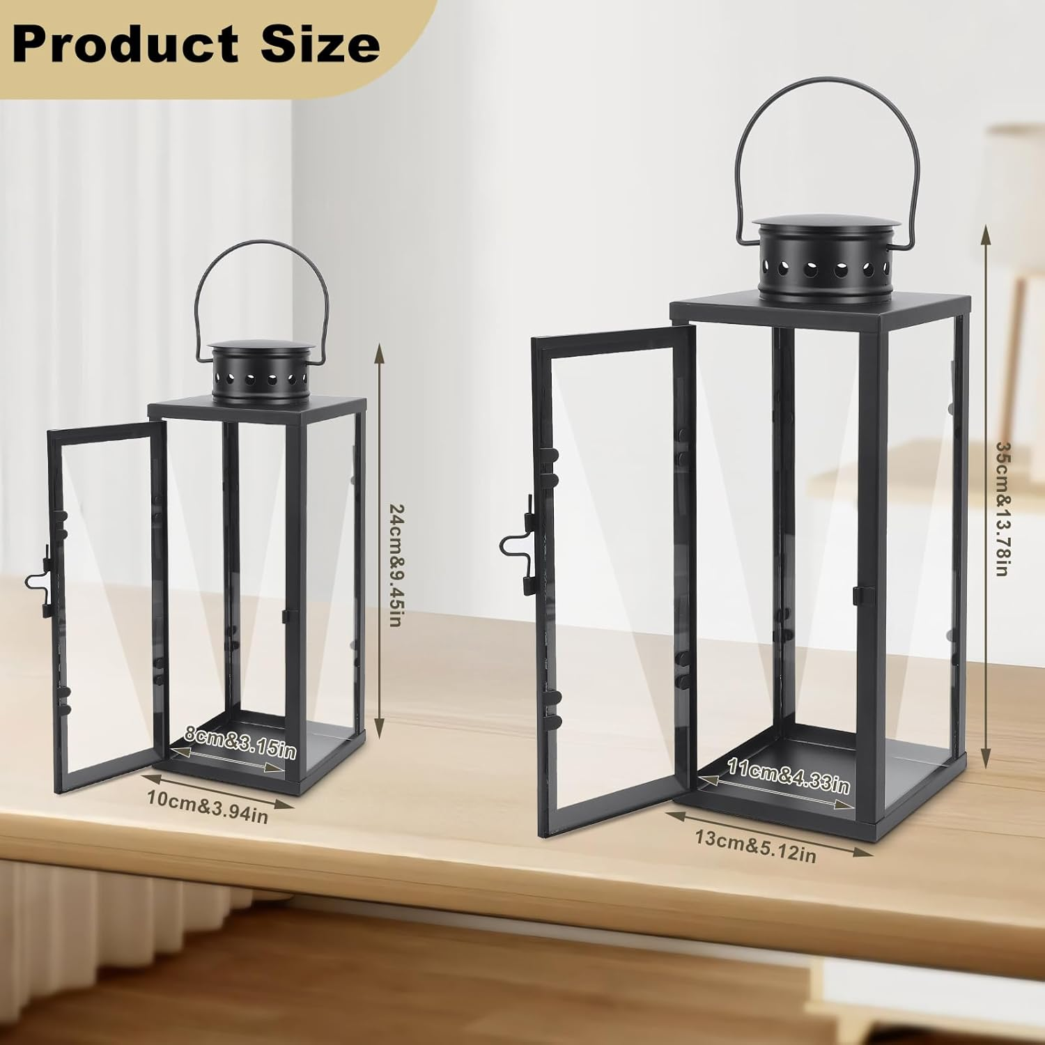 Black Metal Lantern Decorative Set, Modern Farmhouse Lantern Decor with Hurricane Glass, Set of 2 13.8" & 9.5" Vintage Hanging Tower Lantern Metal Candle Holder (13.5 * 13.5 * 35CM+10 * 10 * 24CM) image number 4