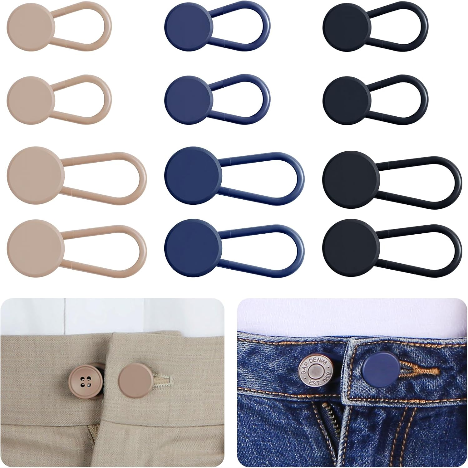 Ceryvop 12PCS Button Extenders for Jeans, Pants Waist Button Extender for Women Men, 3 Colors Pant Waistband Expander, Pants Waist Extension 1-1.4 Inches
