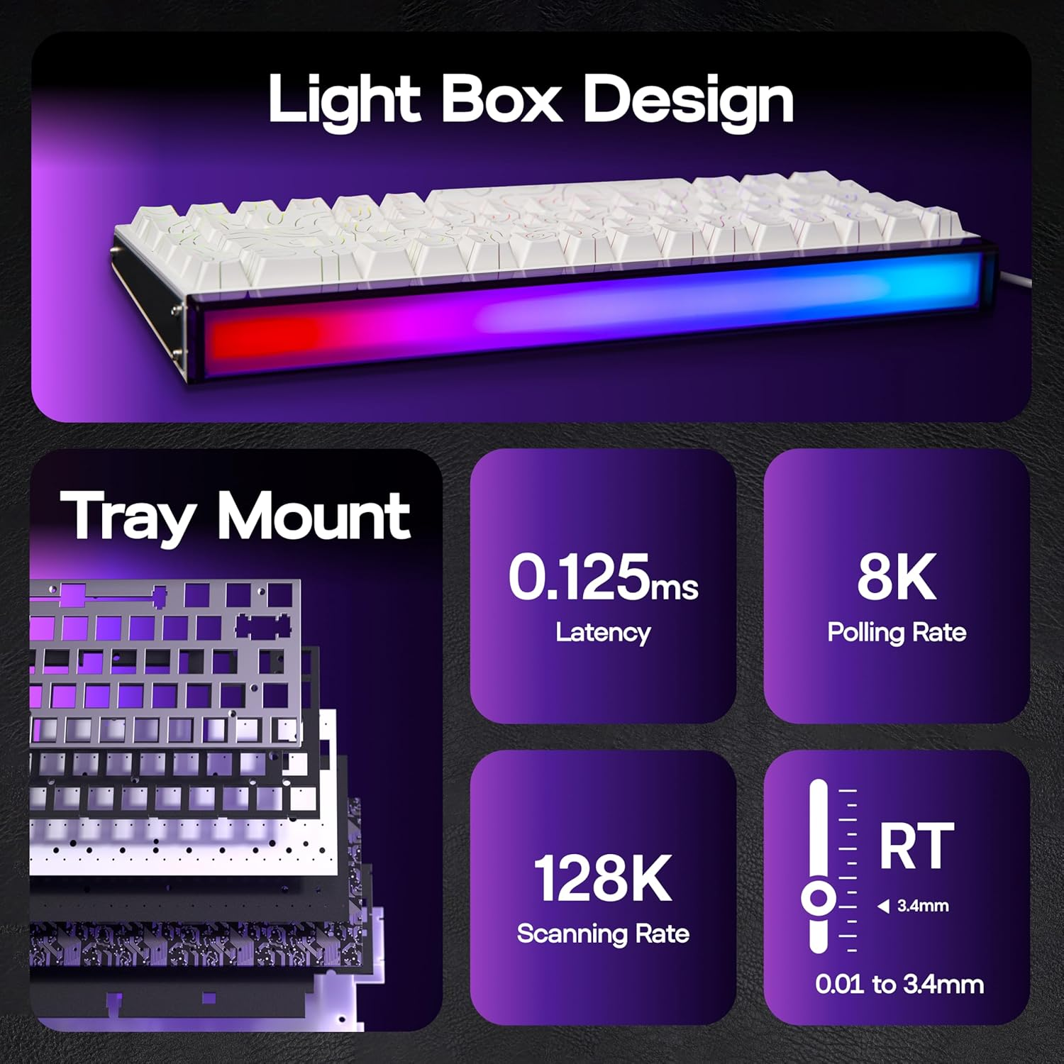 Mechlands Aula Hero68 HE Wired Magnetic Gaming Keyboard, Rapid Hall Effect Keyboard with 0.01Mm Adjustable Actuation, 8Khz Polling, 5-Layer Sound Dampening, RGB Lightbox & Backlit (White Topographic) image number 4