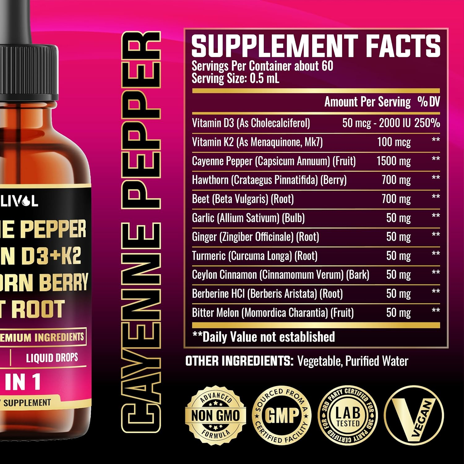 11In1 Cayenne Pepper Liquid Drops with Vitamin D3, K2, Berberine, Bitter Melon, Turmeric & More &ndash; for Health Support &ndash; 1 FL Oz &ndash; 60 Days Supply image number 4