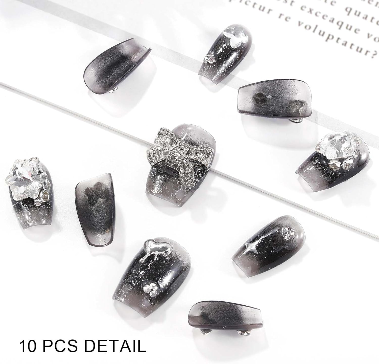 Sethexy Black Gradient Rhinestone Handmade Artificial Nail 3D Crystal Medium Coffin False Nails Sparkle Shiny Press on the Nail Salon Quality for Women and Girls (G) image number 1