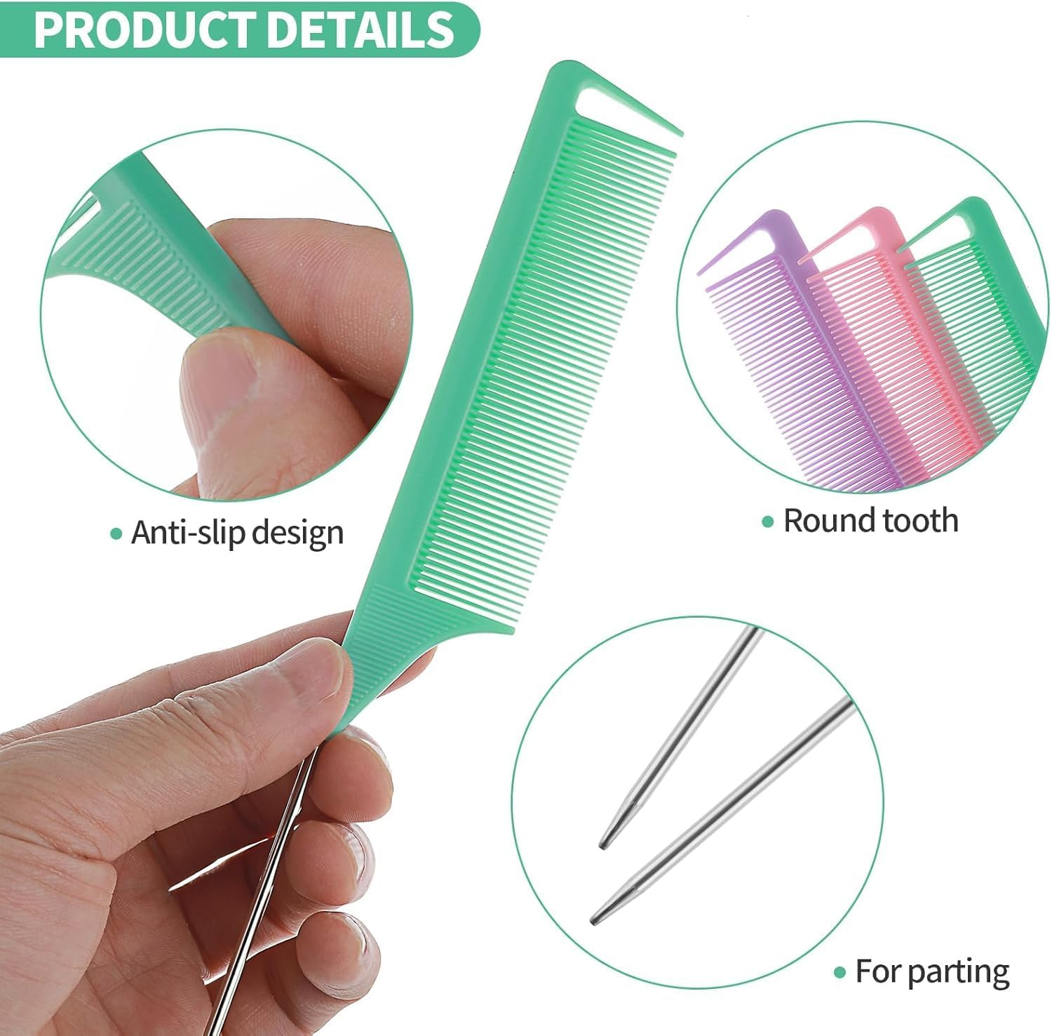 Rat Tail Parting Fine Tooth Comb, 8Pcs Metal Rat Tail Fine Tooth Parting Combs with Stainless Steel Pintail,Stainless Steel Pintail and Heat Resistant Carbon Fiber Teasing Parting Hair Comb for Women image number 3